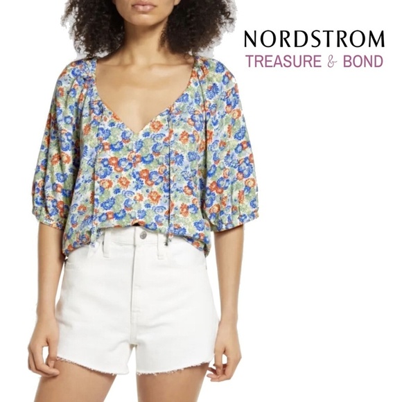 Nordstrom Treasure & Bond Blouse Top Viscose Floral Loose fitting Plunge Neck - Picture 1 of 9